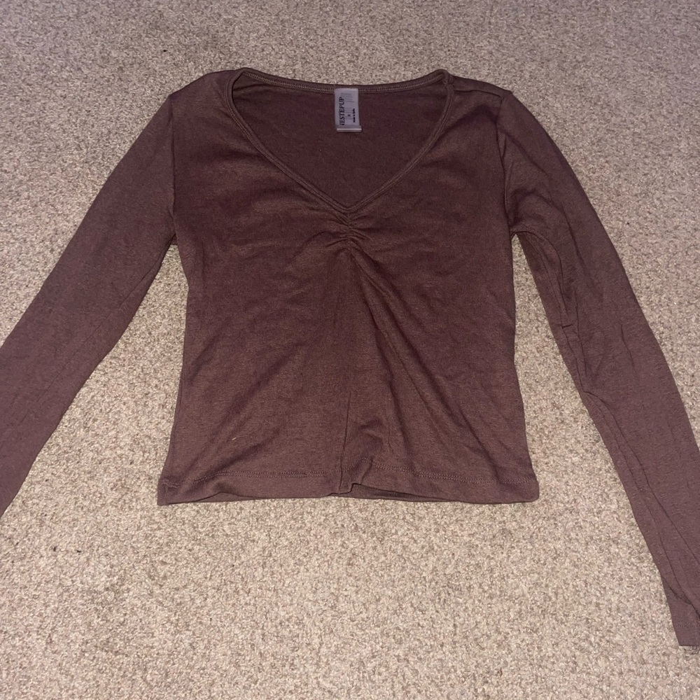 Brown V-Neck Long Sleeve Top